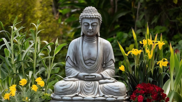 Statue of buddha in meditation with plants and flowers