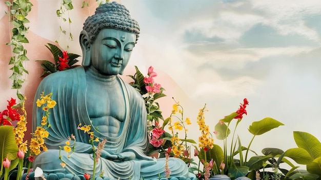 Statue of buddha in meditation with plants and flowers