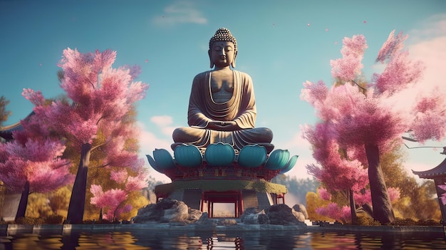 A statue of buddha in a pond with pink flowers.