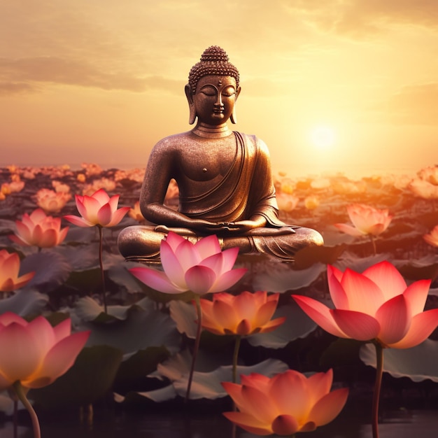 A statue of a buddha sits in a field of lotus flowers.