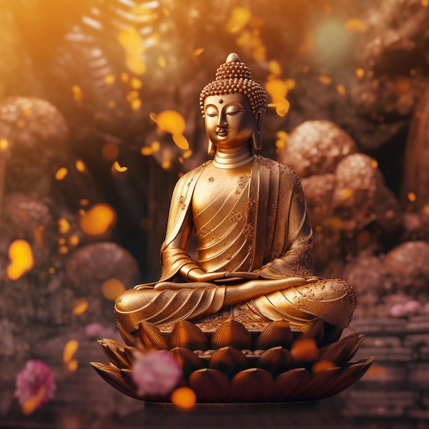 A statue of buddha sits in front of a background of flowers.