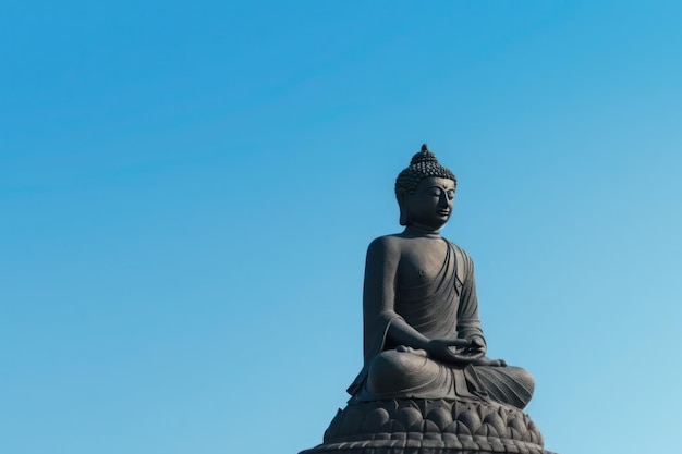 A statue of buddha sits in front of a blue sky.