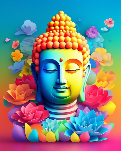 A statue of buddha sits in front of a colorful background