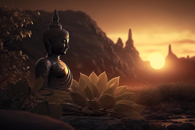 A statue of buddha sits in front of a mountain at sunset.