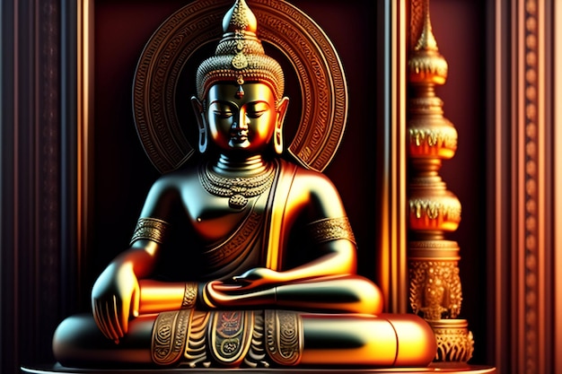 A statue of a buddha sits in front of a red background.