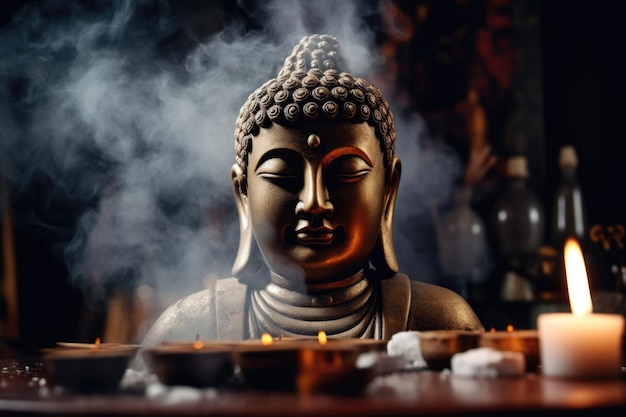 A statue of buddha sits in front of a smoke filled room.