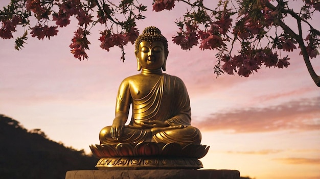 A statue of a buddha sits in front of a sunset