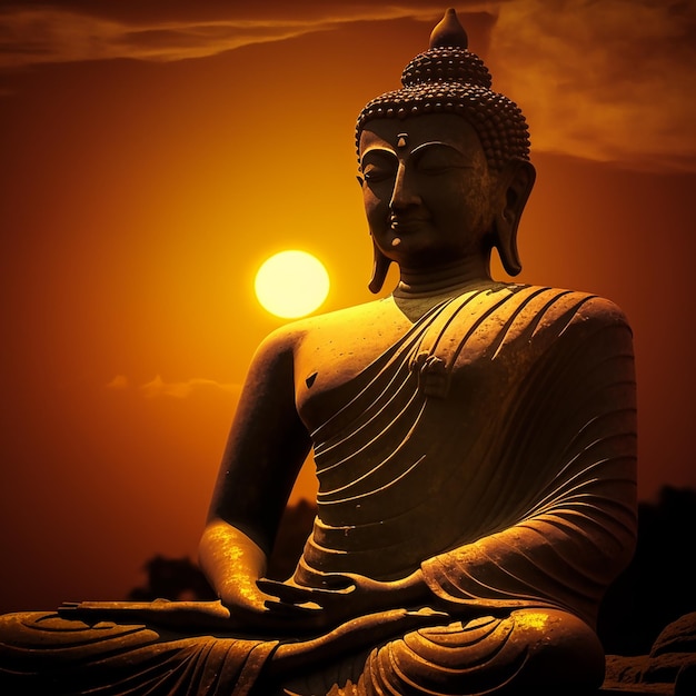 A statue of buddha sits in front of a sunset.