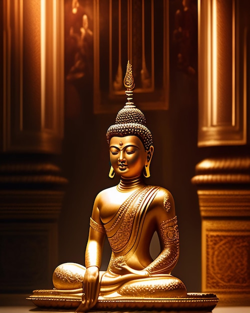 A statue of a buddha sits in front of a wall with a light on it.