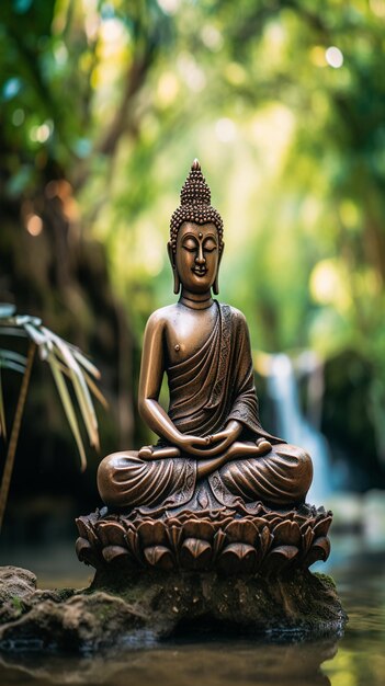 a statue of buddha sits in front of a waterfall