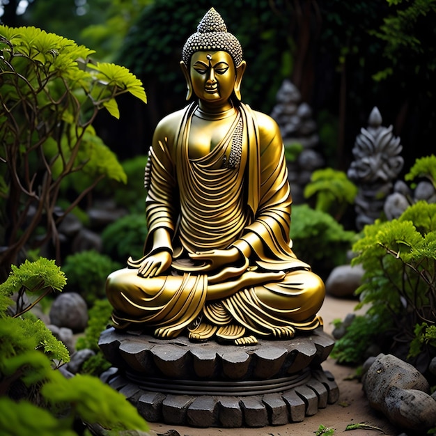 A statue of buddha sits in a garden with rocks in the background.