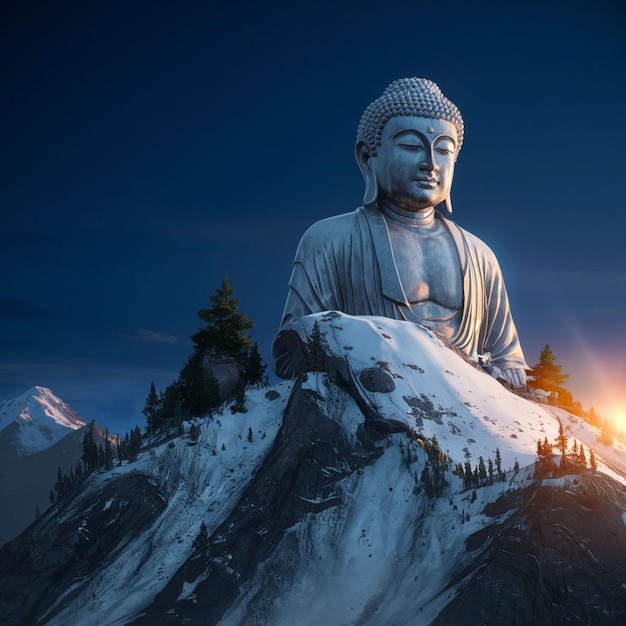 a statue of buddha sits on a mountain with a mountain in the background