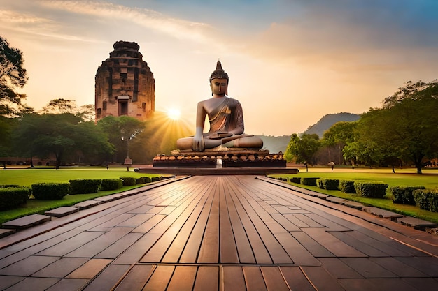 a statue of buddha sits in a park at sunset.