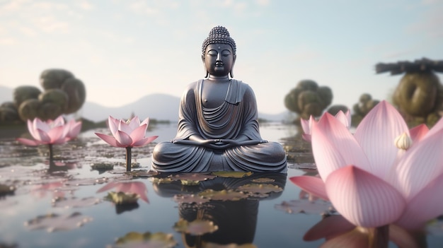 A statue of buddha sits in a pond with lotus flowers in the background