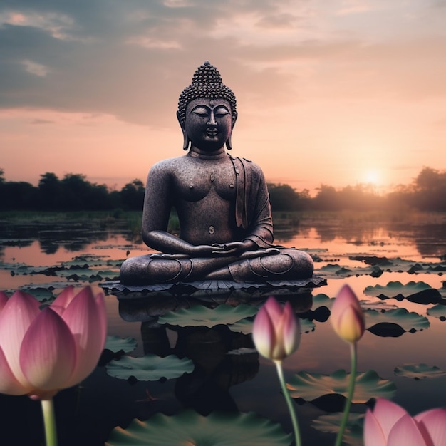 A statue of a buddha sits in a pond with lotus flowers.