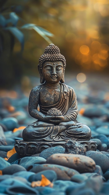 a statue of buddha sits in a small circle of stones