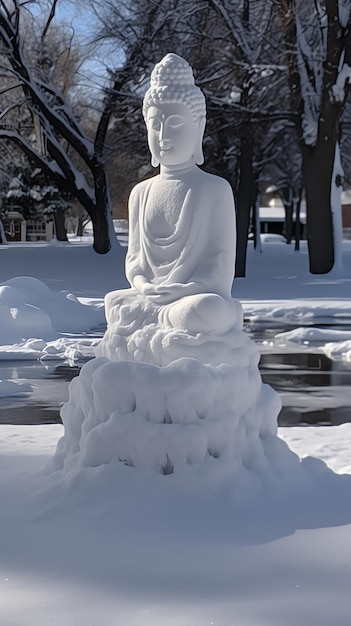 a statue of a buddha sits in the snow