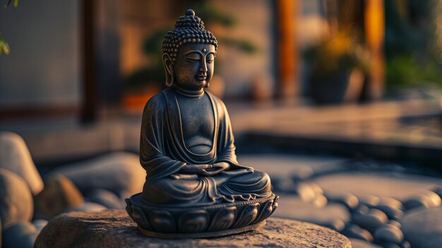 A statue of buddha sits on a stone surface with a tree in the background