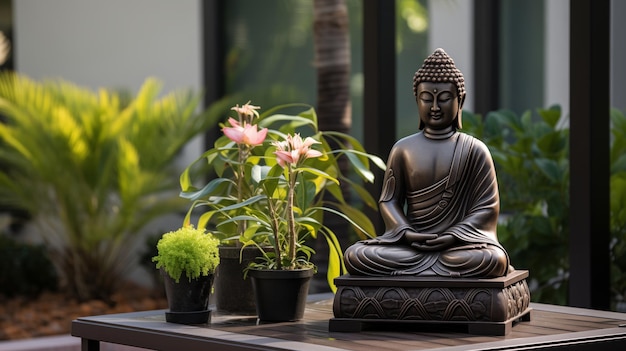 A statue of a Buddha sits on a table next to a potted plant