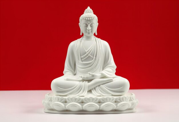 a statue of buddha sits on a table with a red background