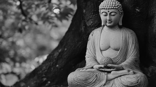 Photo a statue of buddha sits in a tree in front of a tree