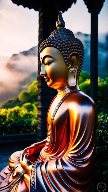 Photo a statue of buddha sitting in front of a mountain