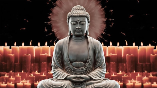 Statue of buddha sitting in meditation candle line with black copy space