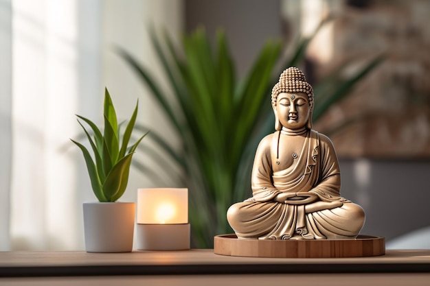 a statue of a buddha sitting on a table next to a candle