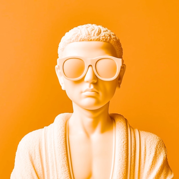 A statue of buddha wearing sunglasses is against a bright orange background