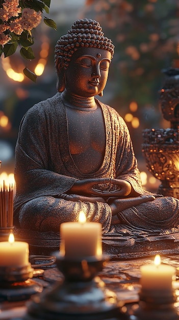 Photo a statue of buddha with a candle in the background