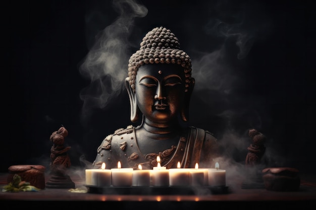 A statue of buddha with candles in the background