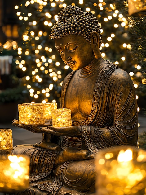 Photo a statue of buddha with candles in front of it