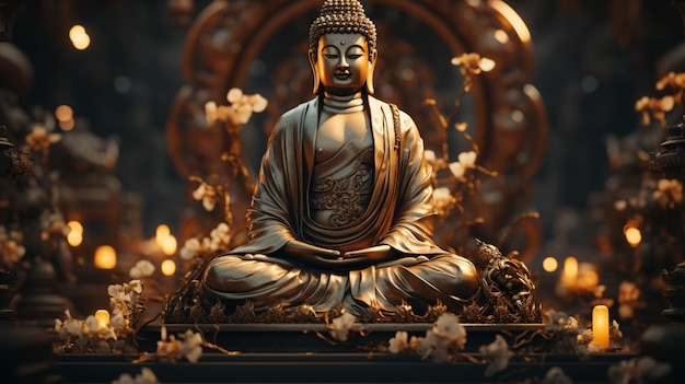 A statue of buddha with a golden halo