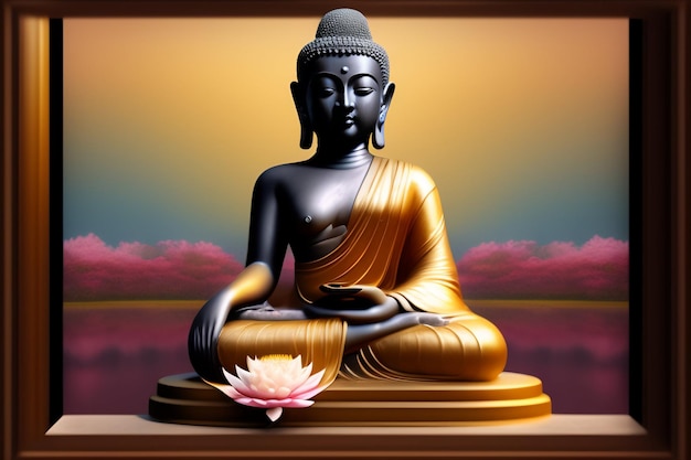 A statue of buddha with a lotus flower in the background.