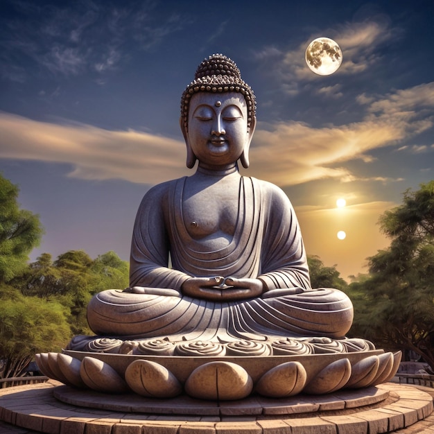 A statue of buddha with the moon in the background