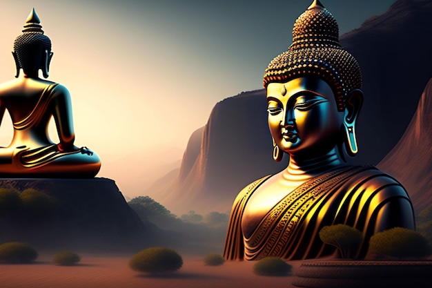 A statue of buddha with a mountain in the background