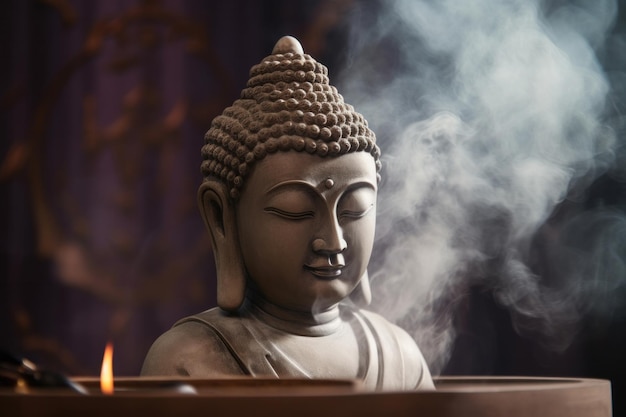 A statue of a buddha with smoke coming out of it