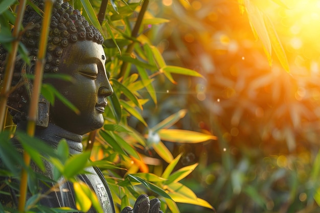 Photo a statue of buddha with the sun behind it