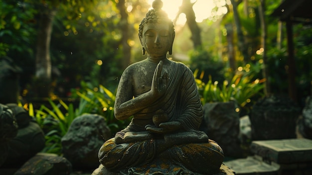 a statue of buddha with the sun behind it