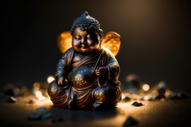 A statue of buddha with wings sits on a table with lights in the background.