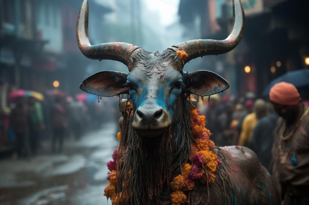 a statue of a bull decorated with flowers