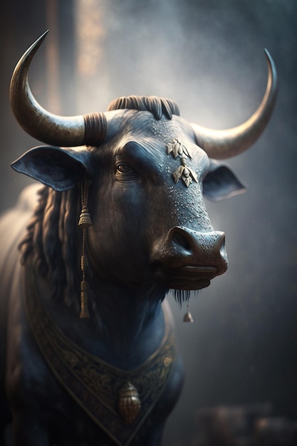 A statue of a bull with a gold chain around it.