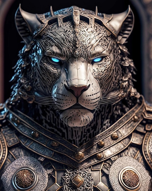 A statue of a cat with blue eyes and a silver mask.