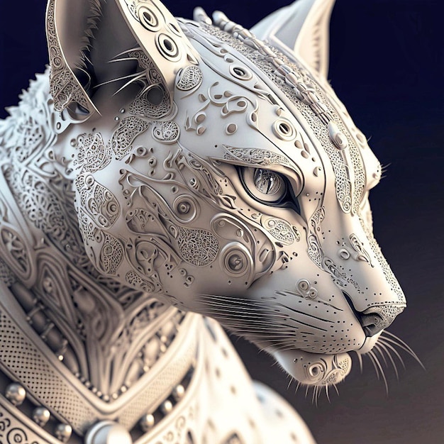 A statue of a cat with a large face and a large beaded necklace.