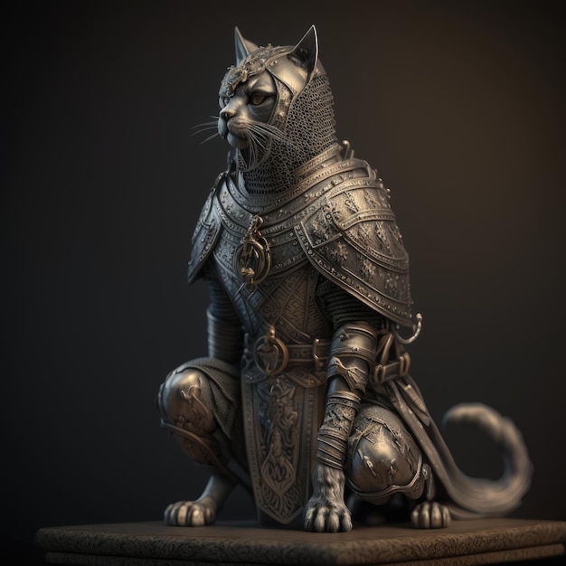 A statue of a cat with a sword and a helmet on it.