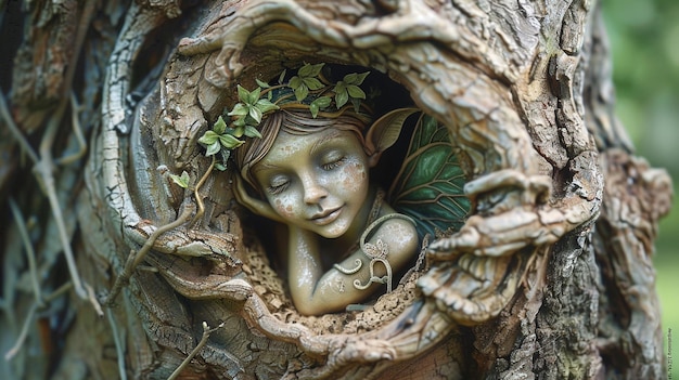 Photo a statue of a child with a green head and a green angel in the corner