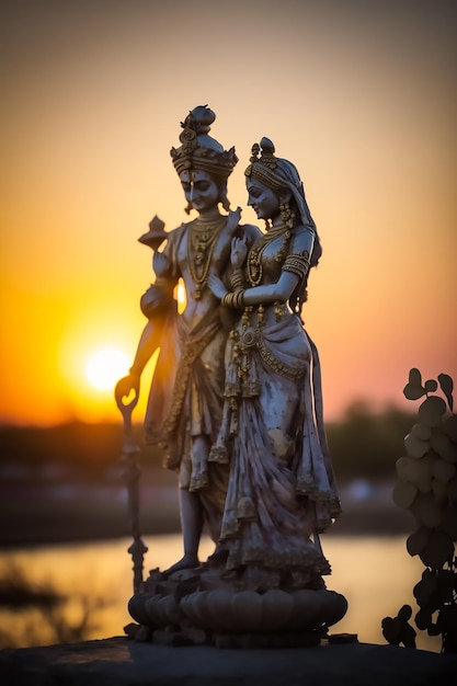 A statue of a couple with the sun setting behind them