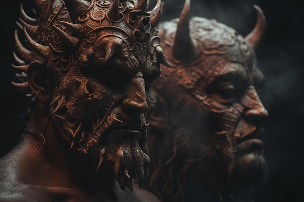 A statue of a demon with horns and a red light behind them