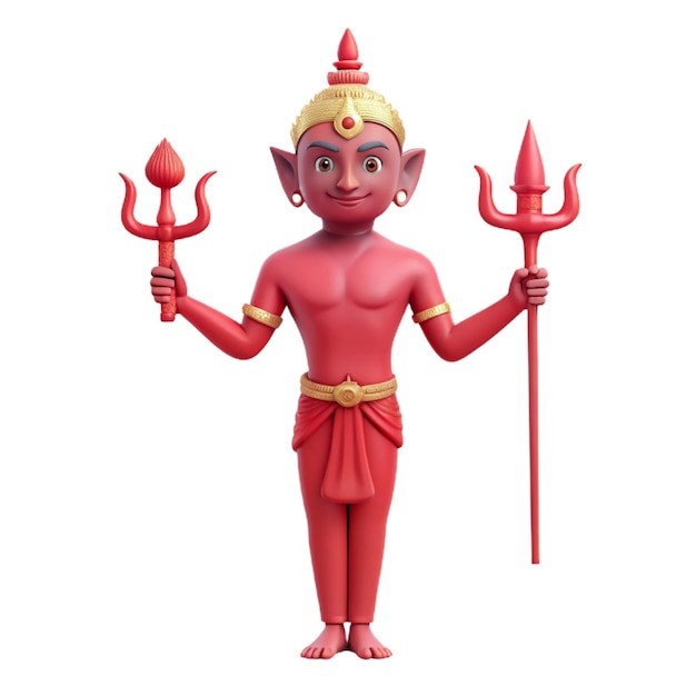 a statue of a devil with a red costume and a red arrow