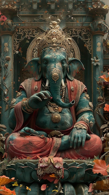 a statue of an elephant sits in front of a statue of deity